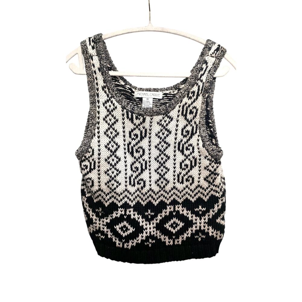 Vintage Nordic chunky knit sweater vest Fair Isle Womens Sm blk/wh grandmacore - Picture 2 of 7